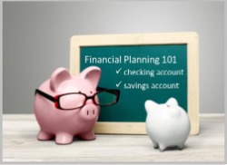 Piggy Bank with glasses on teaching a little pig with a chalkboard about Financial Planning 101.